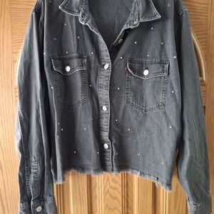 Levi's Gray Black Womens Jean Jacket Cropped Studded Fringe Jacket